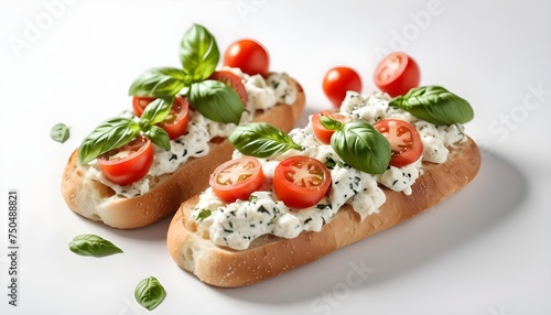 Ciabatta toasts with stracciatella cheese, chopped tomatoes and basil. Isolated, white background.