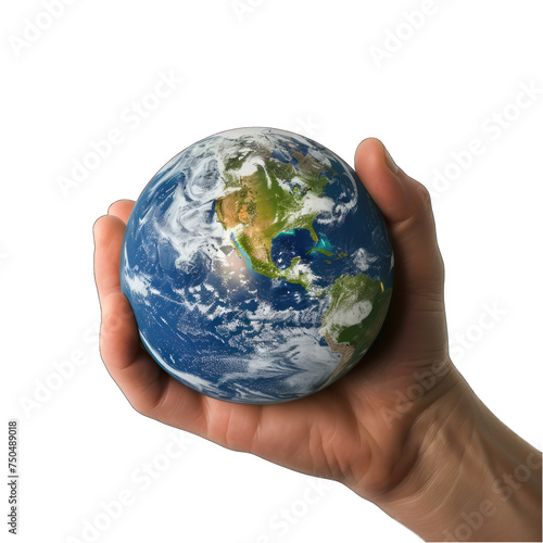 hand holding an Earth globe, transparent background, for use as part of an awareness campaign about the fragility of our planet or as a visual element in educational materials about space and Earth 