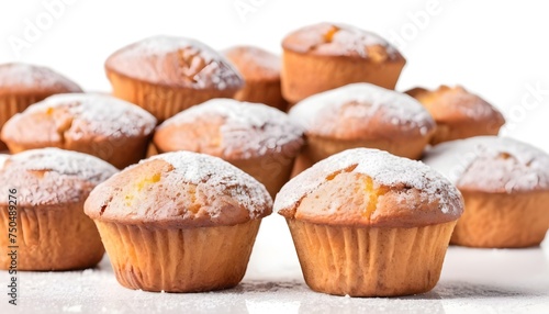 cooked sweet honey muffins in powdered sugar isolated on white background