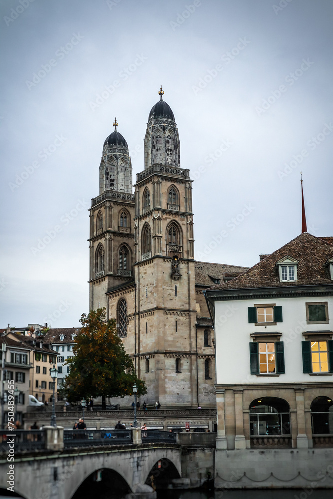 Zurich, Switzerland. Image captured Grossmunster and Munsterbrucke in gloomy weather. 