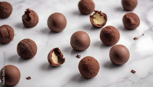 Delicious chocolate candy truffles on a marble background