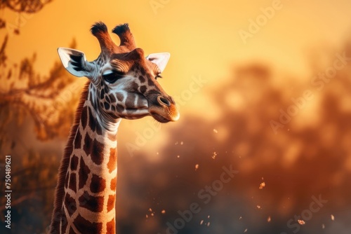 Wild giraffe with long neck and spotted coat looking away while standing in savanna against blurred background © Artur