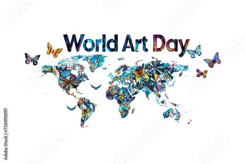 world art day. Splash paint. map with butterflies
