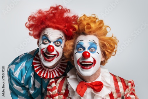 Two clowns with vibrant red hair and painted faces, sharing a joyful moment.