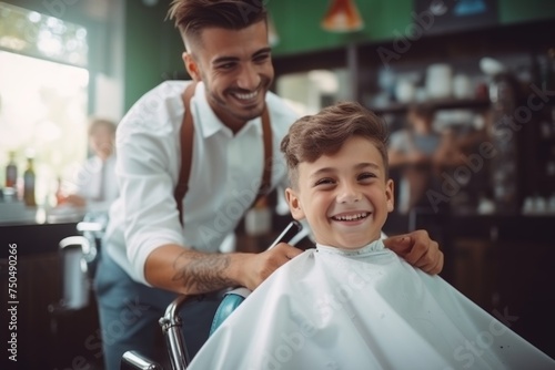 cheerful barber with a young boy, creating a warm atmosphere in the barbershop