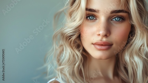 portrait of a woman. beautiful blonde woman with wavy medium-long hair, healthy skin looks at the camera and natural makeup of a young beautiful model on a studio background, place for text, c