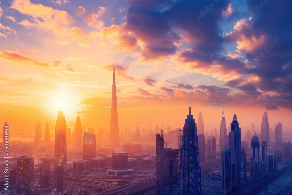 Majestic Sunset Over Dubai Skyline with Reflections on Water, Featuring Burj Khalifa and Modern Architectural Marvels