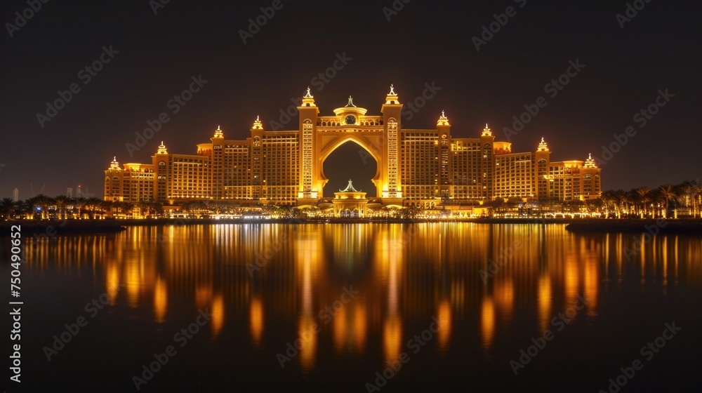 Majestic Nighttime Reflections of the Iconic Atlantis The Palm Resort Illuminated in Golden Lights, Set Against the Tranquil Waters in Dubai, Symbolizing Luxury Travel and Exotic Destinations