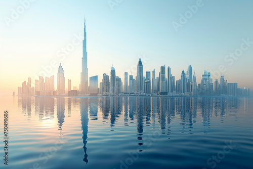 Majestic Sunset Over Dubai Skyline with Reflections on Water, Featuring Burj Khalifa and Modern Architectural Marvels photo