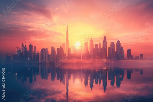 Majestic Sunset Over Dubai Skyline with Reflections on Water, Featuring Burj Khalifa and Modern Architectural Marvels © romanets_v