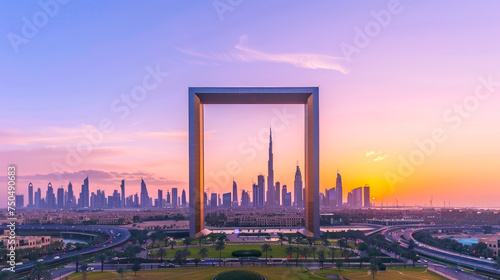 Iconic Dubai Frame Capturing the Stunning Burj Khalifa and Skyline at Sunset with Vibrant Clouds, Reflecting the Fusion of Traditional and Modern Architectural Marvels in the United Arab Emirates