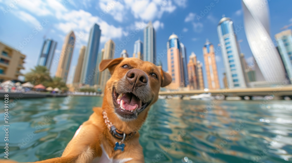 Happy Dog Enjoying a Sunny Day on a Boat with a Vibrant City Skyline Backdrop: An Uplifting Image of Urban Adventures and Pet-Friendly Travel