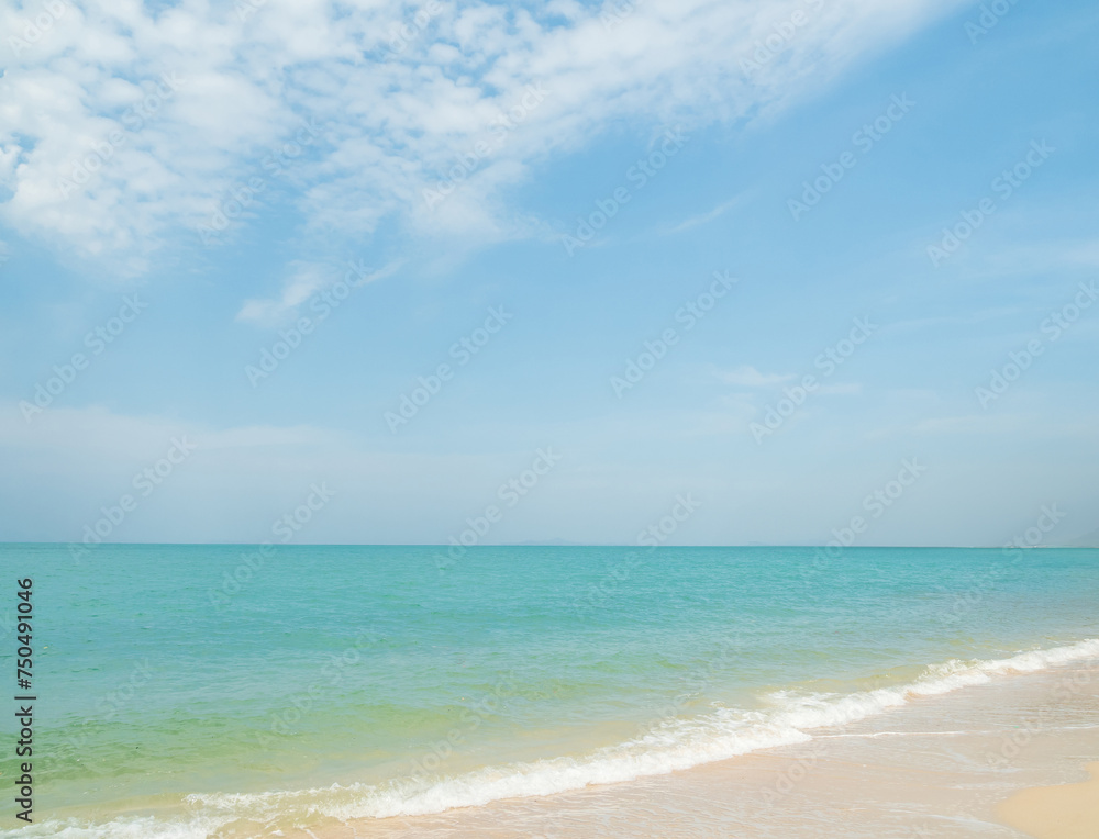Beautiful horizon Landscape summer panorama front view point tropical sea beach white sand clean and blue sky background calm Nature ocean Beautiful  wave water travel at Sai Kaew Beach thailand .