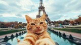 Whiskered Wanderlust: Adorable Ginger Cat Capturing a Selfie in Front of the Iconic Eiffel Tower, A Charming Blend of Parisian Culture and Playful Pet Travel