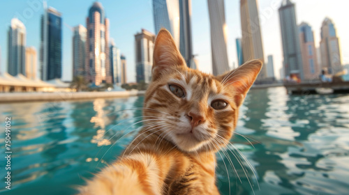 Curious Ginger Cat Enjoying a Boat Ride Against a Stunning Urban Skyline: A Perfect Blend of City Vibes and Animal Leisure for a Delightful Travel Experience