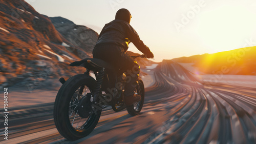 Sunset ride blazoned with freedom, a motorcyclist carves a path along the desert's veins. photo