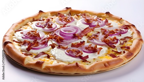 Flammkuchen or tarte flambee with cream cheese, bacon and onions. Isolated on white background.