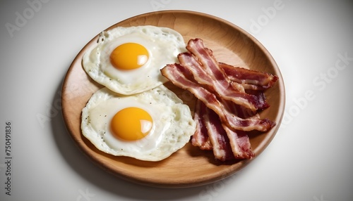 fried eggs and bacon in wooden plate white background
