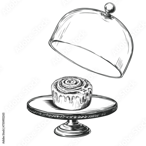 sweet pastry cinnamon bun under glass lid. Hand drawn sketch style vector illustration isolated on white. Engraving of Cinnamon roll for bakery menu or windows design, package. Swedish kanelbullar