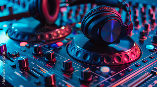 DJ Mixer with headphones. Elements and details of artists working tools - DJ console with knobs and black headphones. Soft focus,In selective focus of Pro dj controller, 