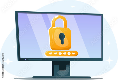 computer monitor screen with a closed lock and password pad, the concept of data protection on the Internet