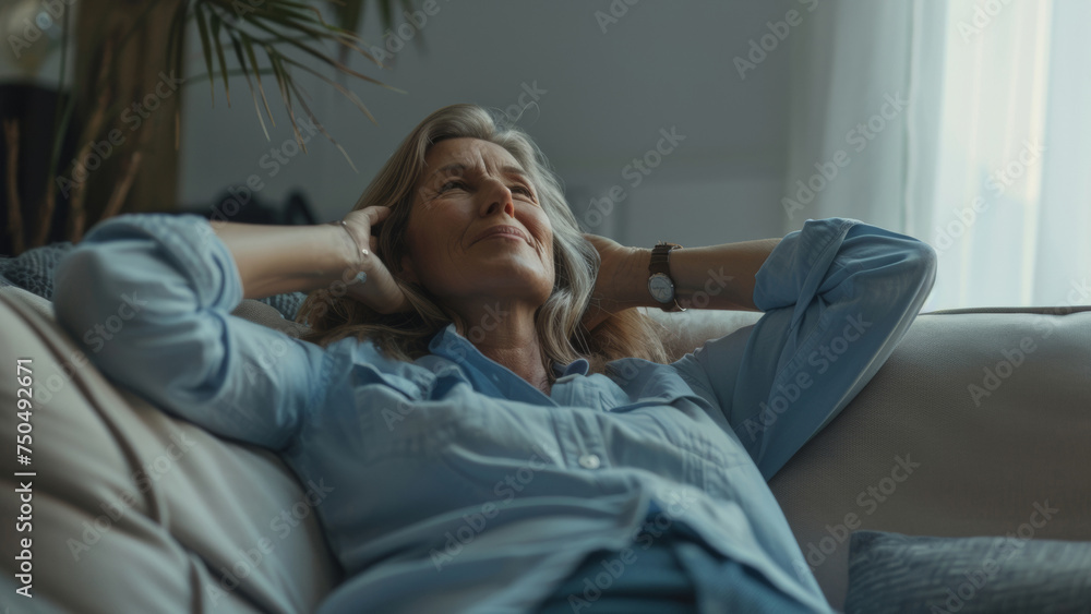 Obraz premium Relaxed senior woman lounging on a sofa, enjoying a peaceful moment in a cozy room.