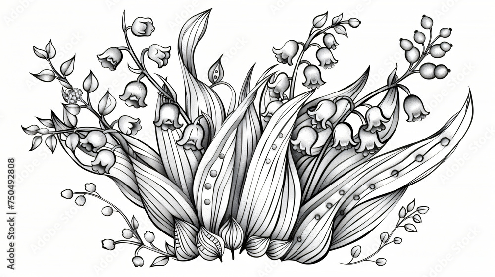 Hand drawn zentangle lily of the valley