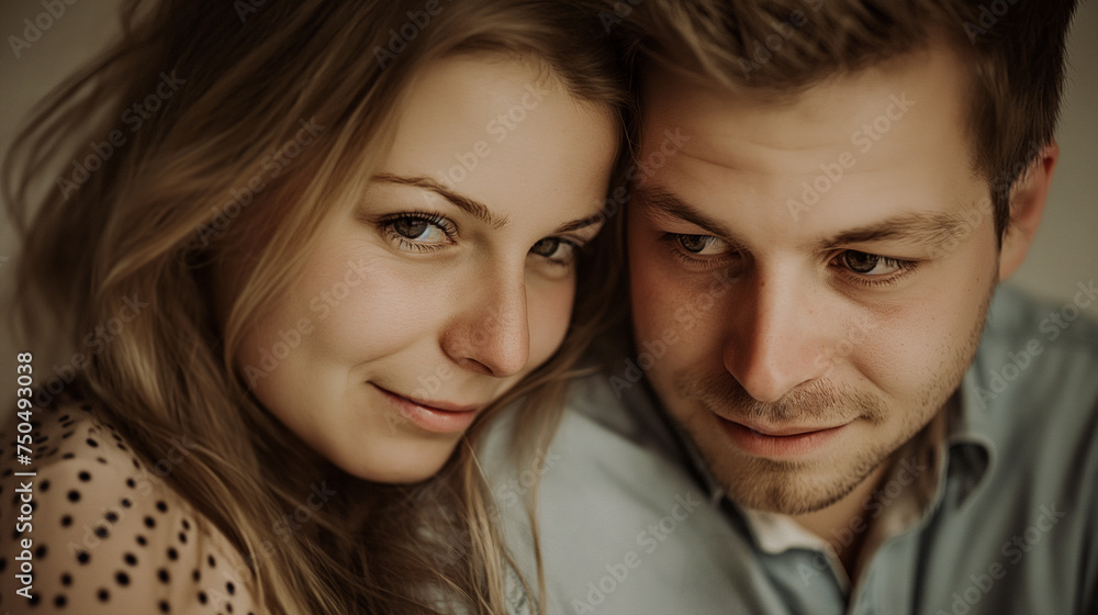 Young couple is hugging each other, cheek to cheek, with their heads positioned closely together Young couple is hugging each other, cheek to cheek, with their heads positioned closely together