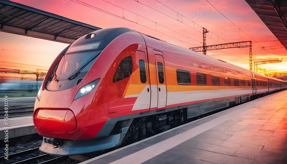 high speed train in motion on the railway station at colorful sunset. Blurred modern intercity train