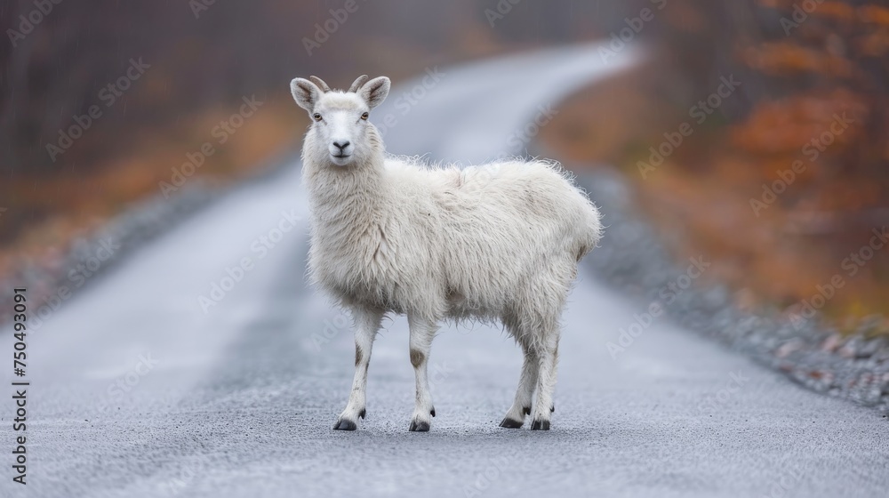 Fototapeta premium Curious Icelandic Sheep Wanders onto Road