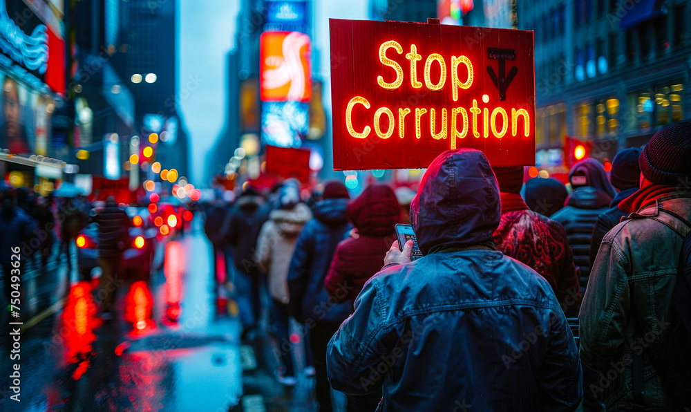 Crowd of protesters with a bold Stop Corruption sign, rallying on urban streets for political integrity, governance reform, and anti corruption movements