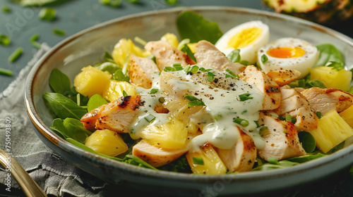 Healthy salad with chicken fillet pineapple and eggs d