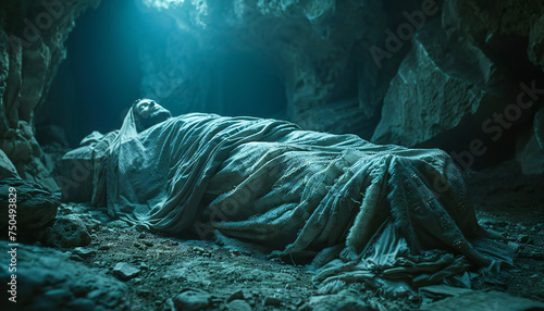 Recreation of Jesus Christ resting in her grave inside a cave