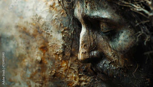 Recreation of figure of face of Jesus Christ together a damaged surface