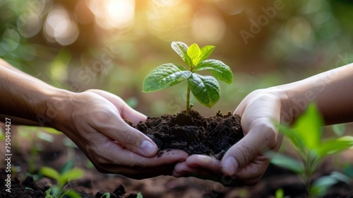 Sustainability Partners Trust mission of ecosystem plant business holds green plants together symbolizing green business company with development ecology concept. photo