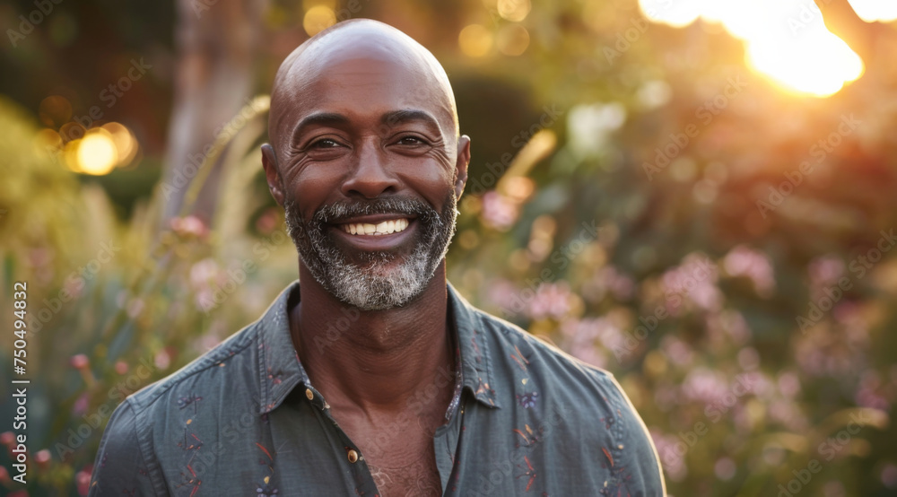 Mature, man and portrait of a male laughing in a park for peace, contentment and vitality. Happy, smiling and african person radiating positivity outdoors for peace, happiness and exploration Mature, man and portrait of a male laughing in a park for peace, contentment and vitality. Happy, smiling and african person radiating positivity outdoors for peace, happiness and exploration