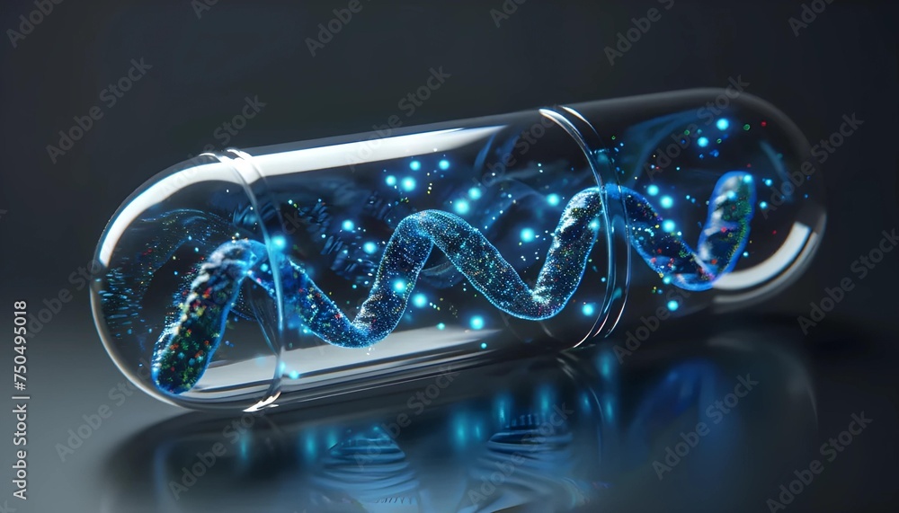 Sparkling DNA double helix inside a transparent capsule with a dark ...