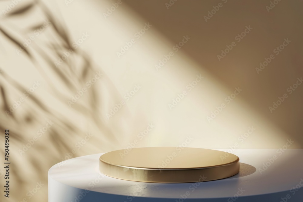 Eco-friendly product display podium with palm shadow on earth-toned background in golden light Eco-friendly product display podium with palm shadow on earth-toned background in golden light