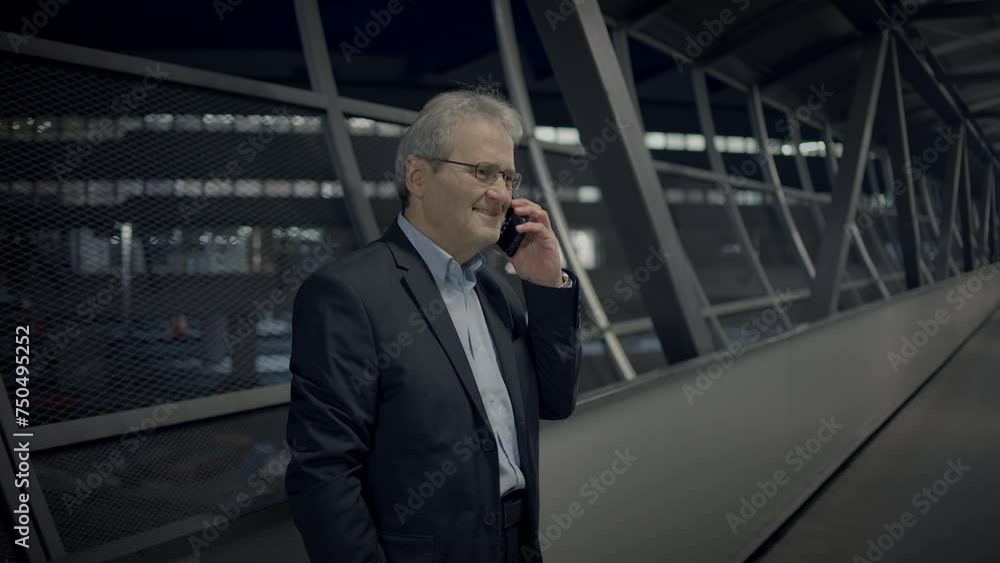 Positive Emotions of Elderly Ceo Boss Having a Phone Conversation at Night Positive Emotions of Elderly Ceo Boss Having a Phone Conversation at Night