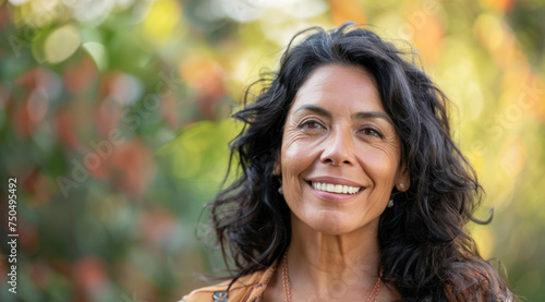 Mature  woman and portrait of a female laughing in a park for peace  contentment and vitality. Happy  smiling and hispanic person radiating positivity outdoors for peace  happiness and exploration