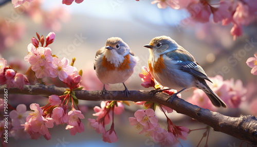 birds sitting on a flowering branch.