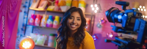 Confident Young Indian Woman Social Media Influencer Promotes Cosmetic Products in Behind-the-Scenes Interview (Horizontal Panoramic Photo 3:1)