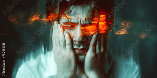 portrait of man in depression with schizophrenia and mental disorders. Person holds face in hands on a dark background