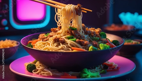 homemade noodles fried with meat and vegetables photo
