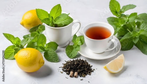 Hot winter drink. Tea with lemon, honey and mint. Ingredients for making tea.