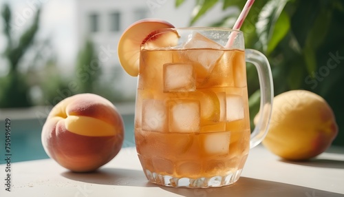 Ice tea with peach and lemon. Cold summer drink.