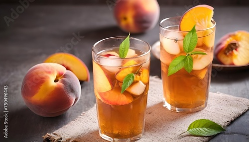 Ice tea with peach and lemon. Cold summer drink.