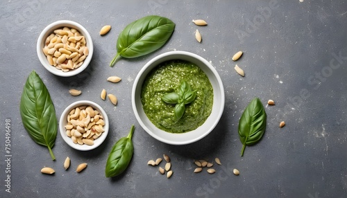 Ingredients for the pesto sauce: Parmesan, basil and pine nuts on a concrete background. Pesto sauce top view.