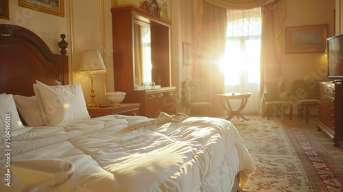 Interior of a hotel bedroom with master bed in the mor photo
