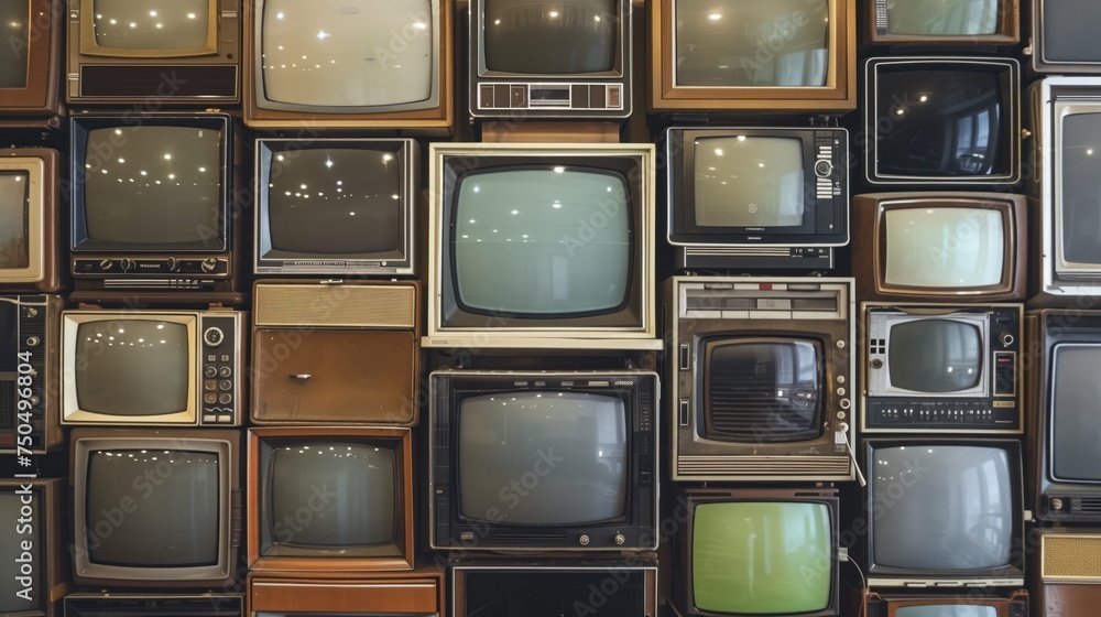 wall filled with vintage televisions showcasing technology evolution - obrazy, fototapety, plakaty 